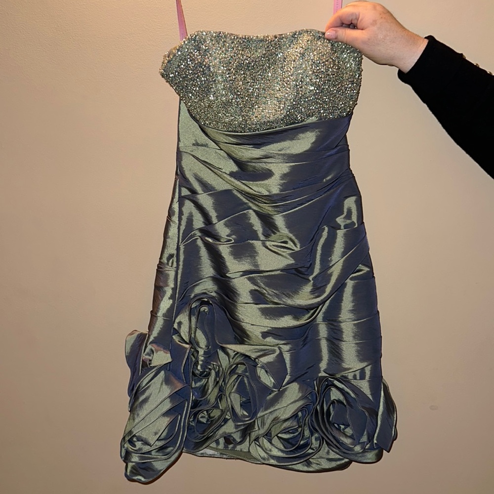 Strapless green iridescent mini dress